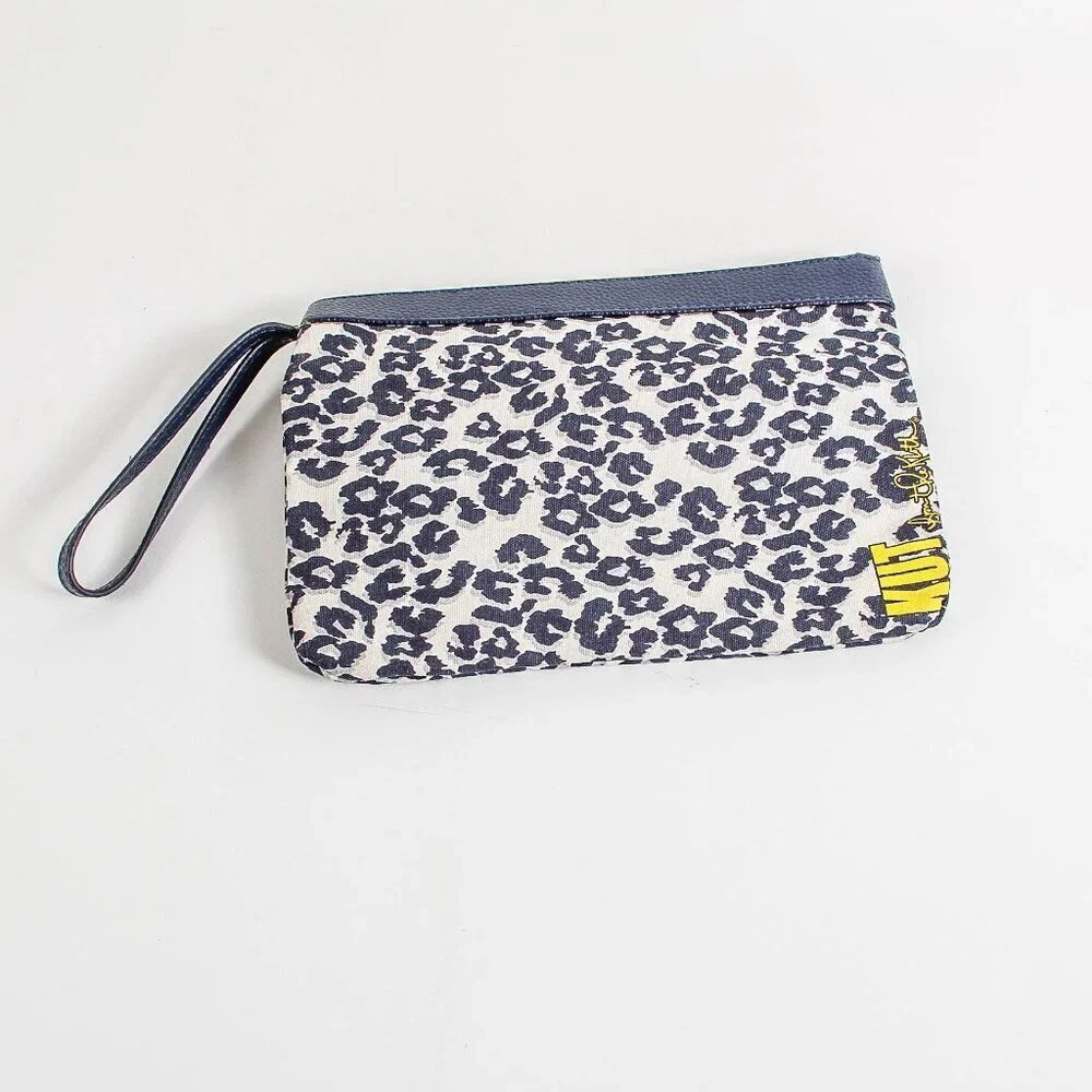 KUT From The Kloth Leopard Print Wristlet Clutch Navy Yellow Zip Pouch Bag